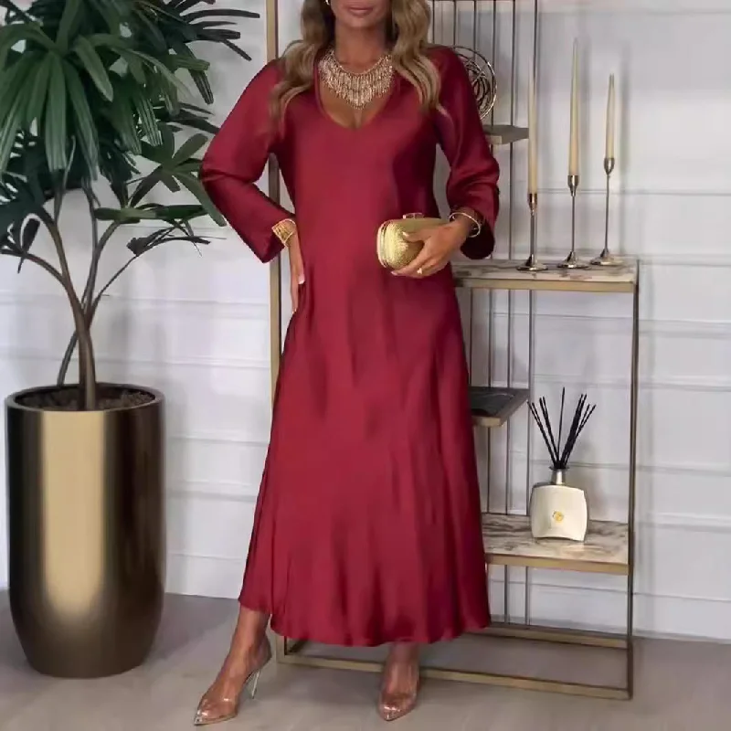 One-DAY Sale party-ready dressLadies New V-neck Long Sleeve Autumn Solid Color Dress One-DAY Sale party-ready dressLadies New V-neck Long Sleeve Autumn Solid Color Dress