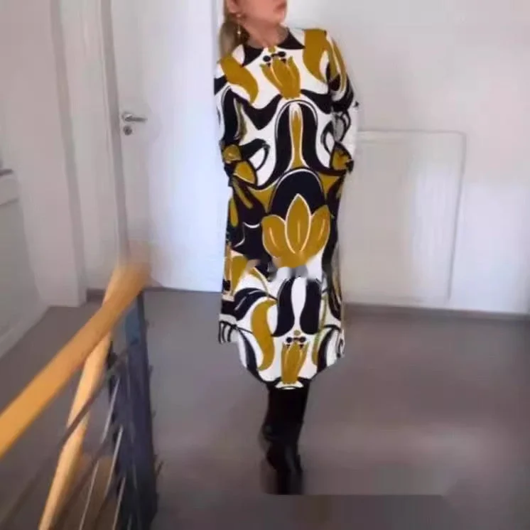 Major Savings midi dressLoose Round Neck Midi Fashionable Printed Long Sleeve Dress