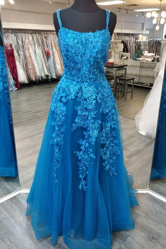 long sleeve dressBlue Floral Appliques Straps A-Line Prom Gown