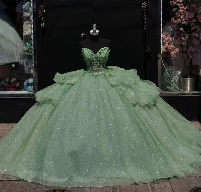 flowy dressSage Green Ruffels Shinning Lace Appliques Quinceanera Dresses for Sweet 15 Year Puffy Ball Gown Princess Gowns Wedding Mexican