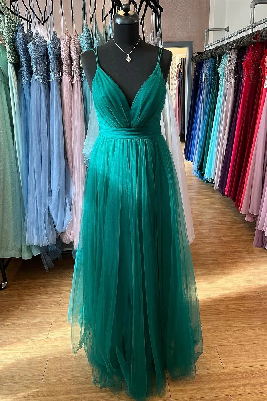 stylish dressHunter Green A-line Plunging V Neck Double Straps Pleated Long Prom Dress