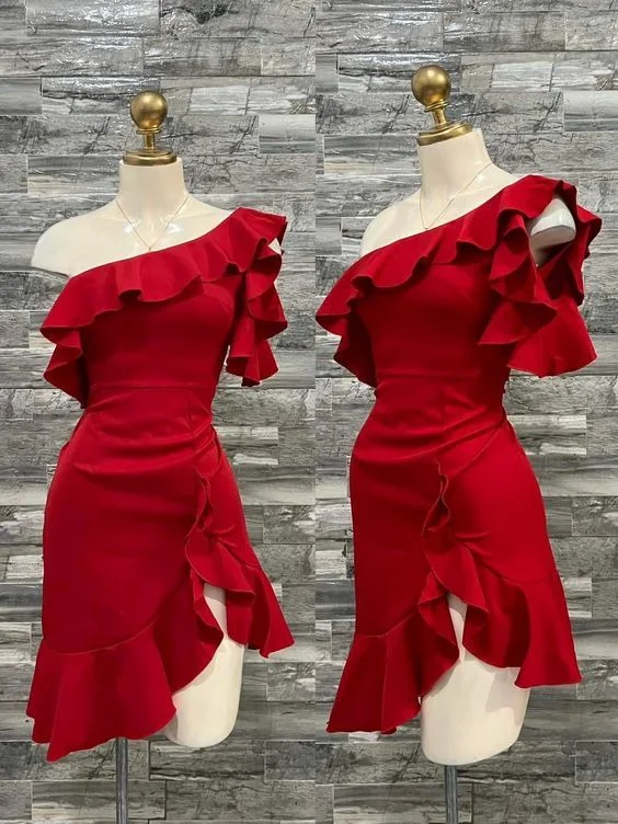 modern dressPretty One Shoulder Red Homecoming Dress Short Mini Birthday Dress  Y7635