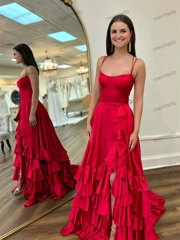 draped dressRed Satin Straps Cross Back Long Party Dress, Red Satin Prom Dress