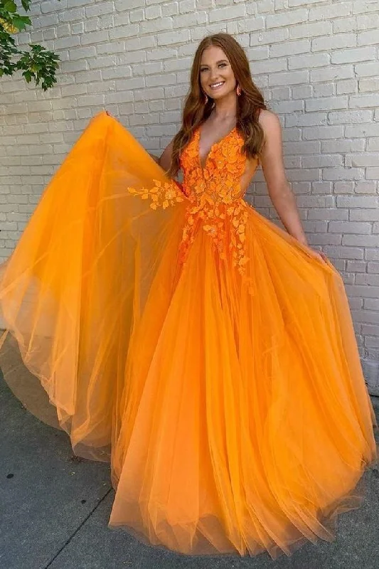 sophisticated dressA Line V Neck Orange Lace Long Prom Dress, Orange Lace Formal Dress, Orange Evening Dress