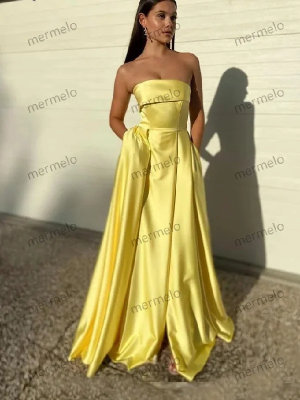 fitted cocktail dressCustomized Yellow Satin Evening Gown 2025 Strapless Long A Line Women Prom Dresses Gala Celebrity Formal Gown with Pockets