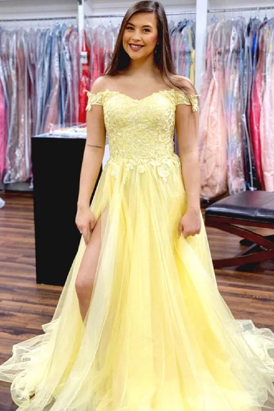Can't Miss relaxed fit dressElegant A-Line Off the Shoulder Yellow Prom Dress with Slit Can't Miss relaxed fit dressElegant A-Line Off the Shoulder Yellow Prom Dress with Slit