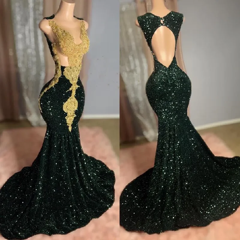 Bargain Bin lace-up dressEmerald Green Mermaid African Prom Dress for Women Luxury Crystal Beaded Black Girl Birthday Evening Gown vestidos de festa