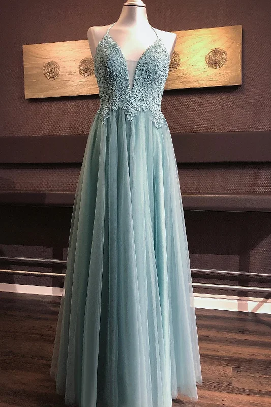 one-shoulder dressDusty Green A-line V Neck Cross Back Appliques Tulle Long Prom Dress