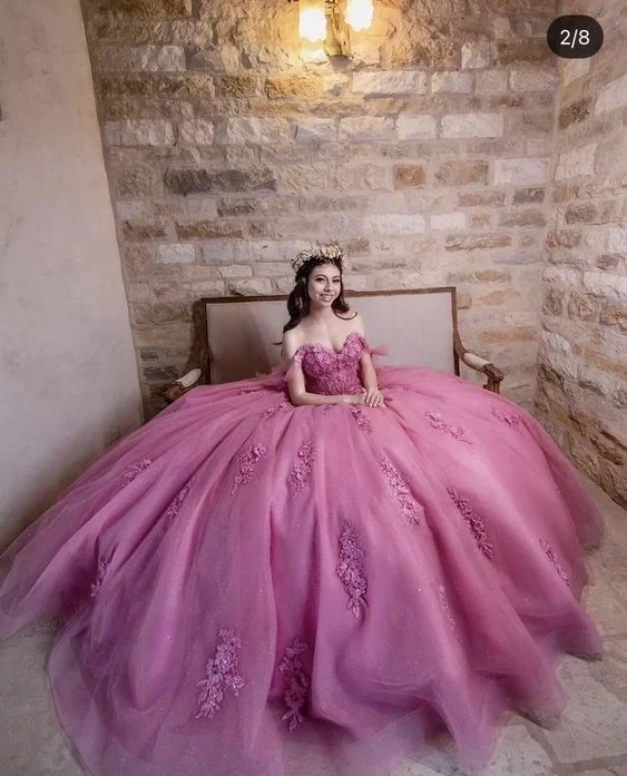 Steals and Deals trendy wrap dressLuxury Dusty Rose Off Shoulder Lace 3D Flower Applique Ball Gown Birthday Party Dress  Y7016