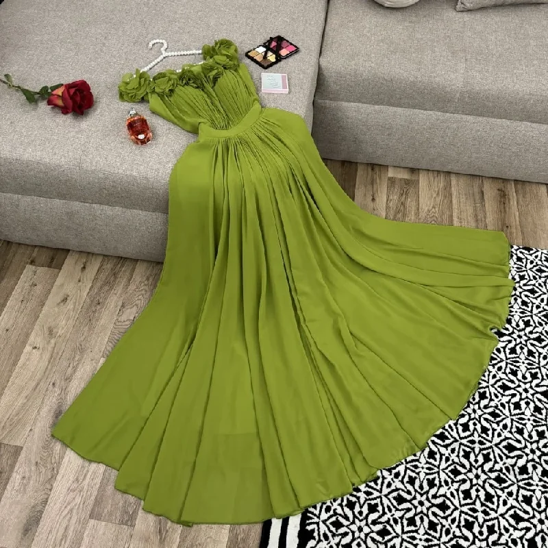Amazing Deals A-line dressElegant Off Shoulder Evening Dresses Chiffon Formal Occasion Prom Gowns Flowers Floor Length Party Dress