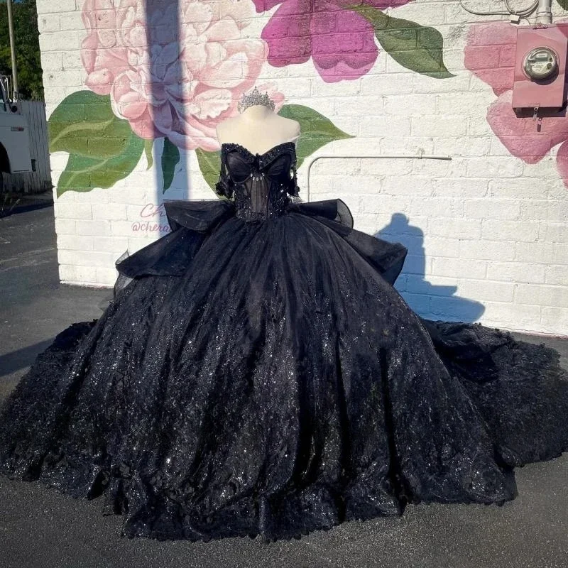 New Deals evening dressLuxury Black Crystals Ball Gown Quinceanera Dresses Appliques Lace Off The Shoulder Beads Sweet 16 Dress