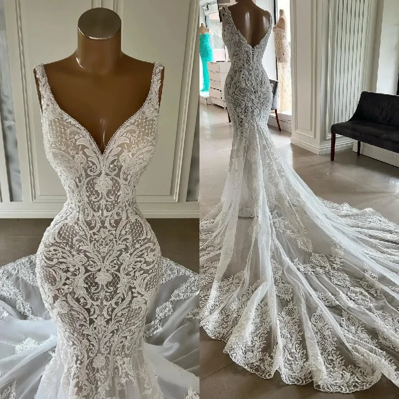 Hot Deal satin midi dressElegant Full Lace Mermaid Wedding Dresses V Neck Lace Appliqued Boho Country Bridal Party Gowns Vestidos De Novia