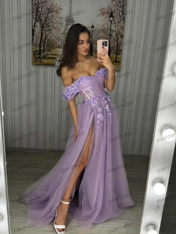 shift dressLavender Off-Shoulder Evening Gown with Floral Appliqué and Thigh-High Slit, Elegant Tulle A-Line Prom Dress, bridesmaid or graduation dress