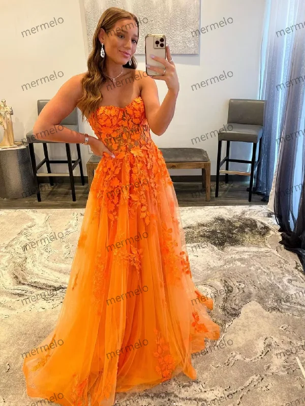 modern dressOrange Lace Appliques Prom Dresses Illusion Sweetheart Strapless Tulle A Line Sweep Train