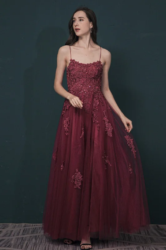 Huge Discounts draped dressBurgundy A-line Lace Appliques Long Formal Dress