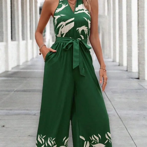 Deal Mania boho dressPrinting Series Belt Halter Backless Wide Leg Jumpsuit