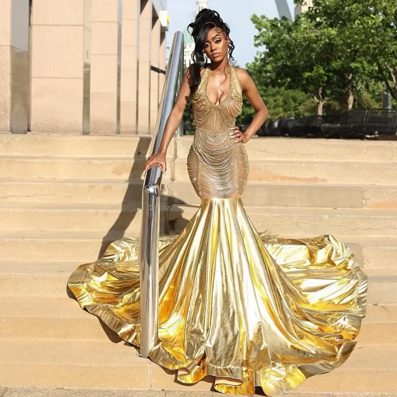 Year-End Sale fitted bodycon dressSparkly Gold Crystal Prom Dresses Backless Rhinestone Tassel Mermaid Party Gowns Sweep Train African Women Evening Dress