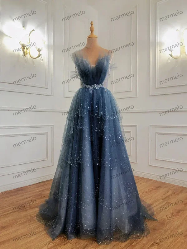 denim dressGlam Dark Blue Beaded Long Tulle Party Dress, Dark Blue Prom Dress