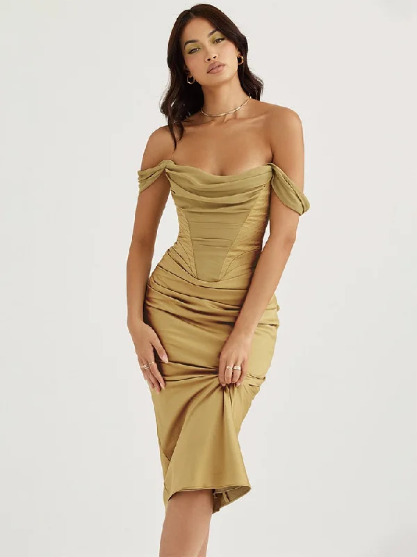 Special Promotion elegant evening dressBerriesJam - Off Shoulder Elegant Draped Neck Satin Midi Dress Special Promotion elegant evening dressBerriesJam - Off Shoulder Elegant Draped Neck Satin Midi Dress