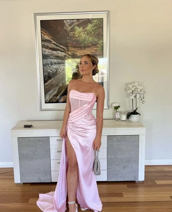 A-line dressChic Pink Strapless Prom Dress,Glam Pink Evening Dress with Split,Pageant Dress Y1986