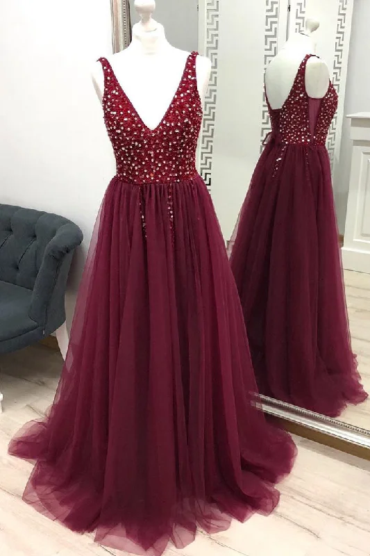 Reduced Prices sophisticated dressV-Neck Beaded Long Tulle Burgundy Prom Dress