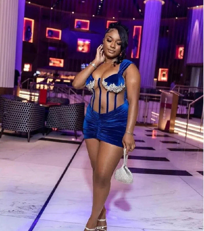 Today’s Deal pleated dressKing Blue Velvet Short Homecoming Graduation Dress Crystal Sheer Mesh Boning Birthday Evening Gown vestidos de festa