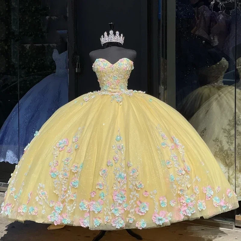 elegant maxi dressShiny Yellow Lace-up Quinceanera Dress 3D Floral Applique Beading Ball Gown Off The Shoulder Tull Mexico Sweet 16 Vestidos De X