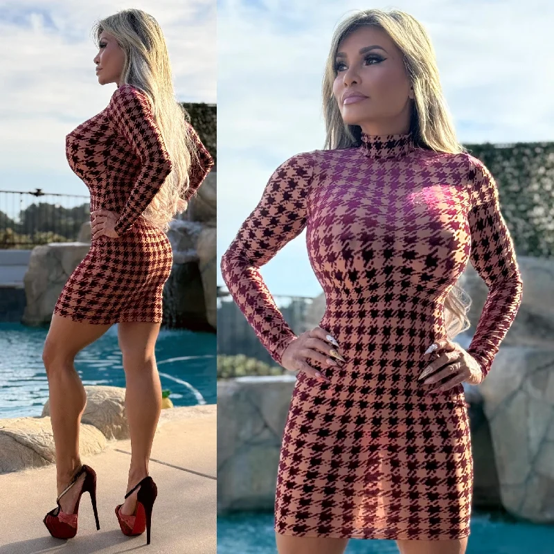 Shop and Save form-fitting dressConnie's "SEMIS SHEER WINE 🍷 Velvet Burnout MESH Mini" NOT LINED 🍷 FULL Stretch Fit, Mock Neck, No ZIPPERS