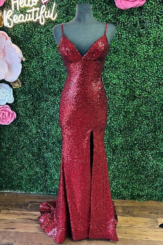 midi dressWine Red Sequin Empire Waist Mermaid Long Formal Dress with Slit