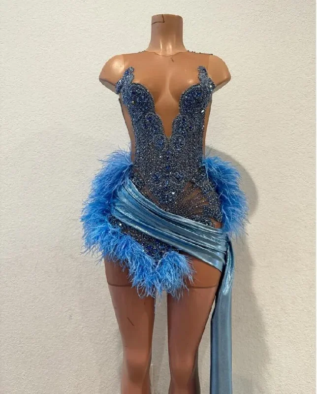 Last Chance elegant maxi dressSky Blue Short Prom Homecoming Dresses Sparkly Diamond Crystal Ostrich Feather Birthday Cocktail Gown vestidos de gala mujer