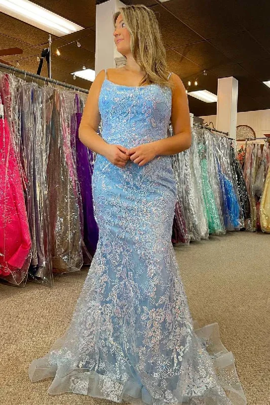 ashionable dressLight Blue Appliques Lace-Up Back Mermaid Long Prom Dress