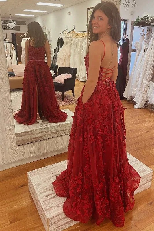 knit dressRed Appliques Round Neck Lace-Up A-Line Prom Gown with Slit