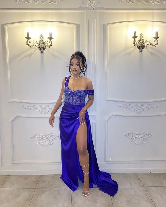 Overstock Sale casual dressElegant Blue Sheath Evening Dress With Split,Blue Formal Gown Y6426