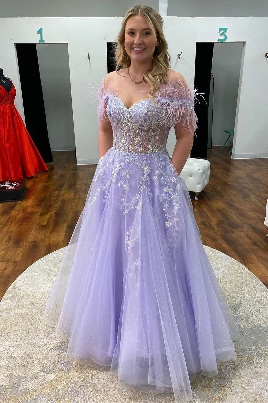 casual midi dressLavender Floral Lace Feathers Off-the-Shoulder Lace-Up A-Line Prom Gown