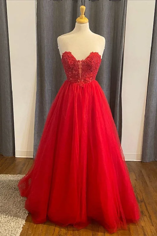 high-waisted dressRed Lace Tulle Sweetheart A-Line Prom Dress