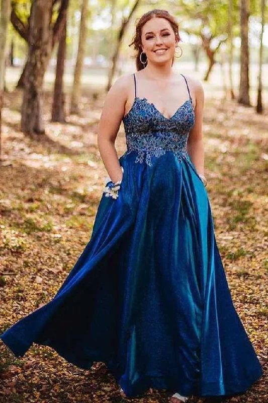 Closeout fitted dressNavy Blue A-line Appliques Long Prom Dress with Pockets
