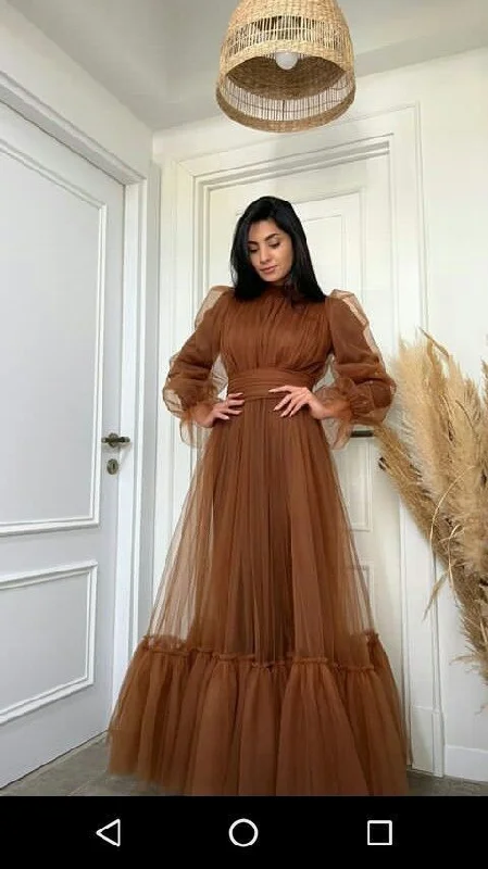 Great Bargains lace-up dressModern Style Women's Puff Sleeve Tulle Prom Dress, Formal Evening Wear Y6975