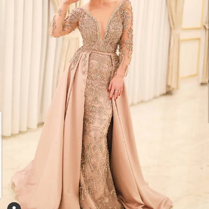 sleek dressChampagne prom dresses,long sleeve beading sequins detachable train crystal beading evening dresses S23375