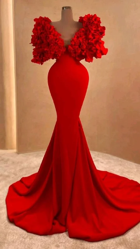 flowy dressWomen Red Long Evening Dress Mermaid Formal Dress Ruffles Cloud Shoulder  Y4932