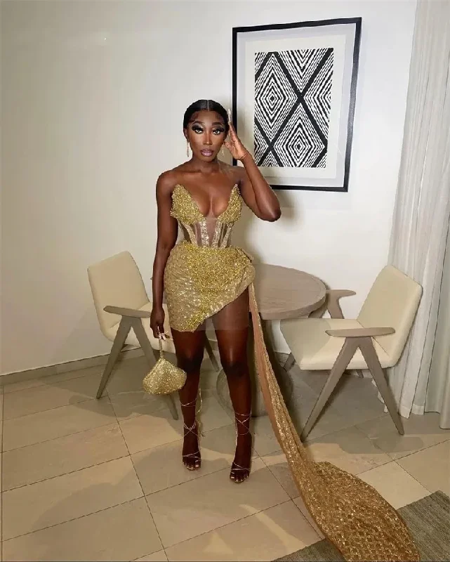 summer dressLuxury Gold Sweetheart Short Prom Dress For Black Girls Lace Up Birthday Party Dresses With Tail Mini Cocktail Homecoming Dress