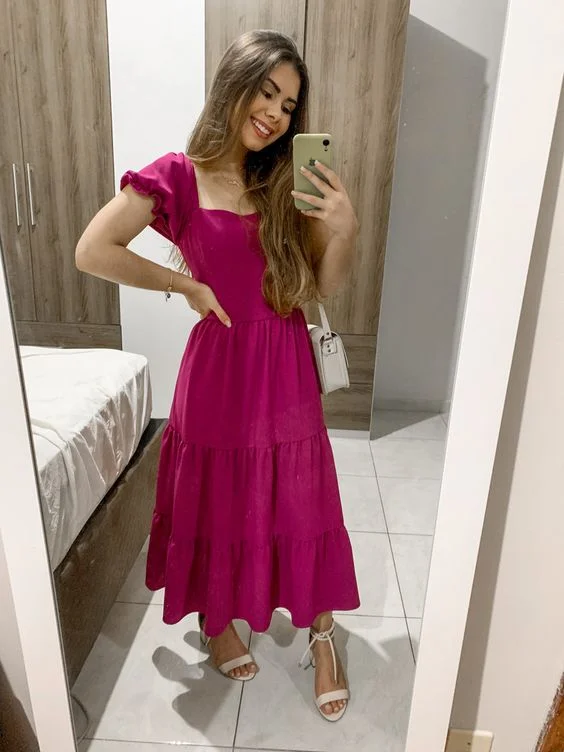 Super Sale casual midi dressVintage A-line Prom Dress With Short Sleeves Y6946