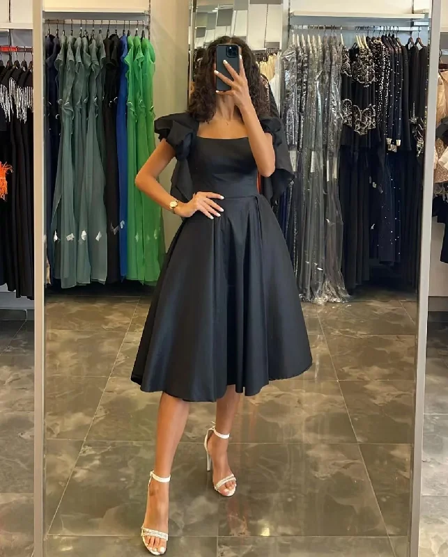 trendy wrap dressHomecoming Dresses Black Younger Girls' Wear Tea Length A Line Graduation Party Gowns Square Neck Short Sleeves Prom Dress