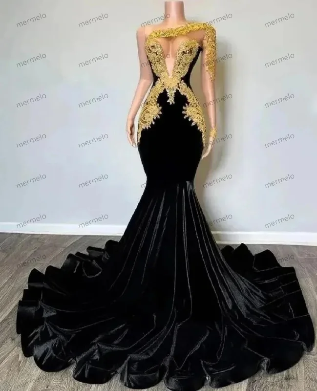 draped dressSexy One Shoulder Black Mermaid Evening Dresses Gold Appliques African Women Gala Party Prom Gowns