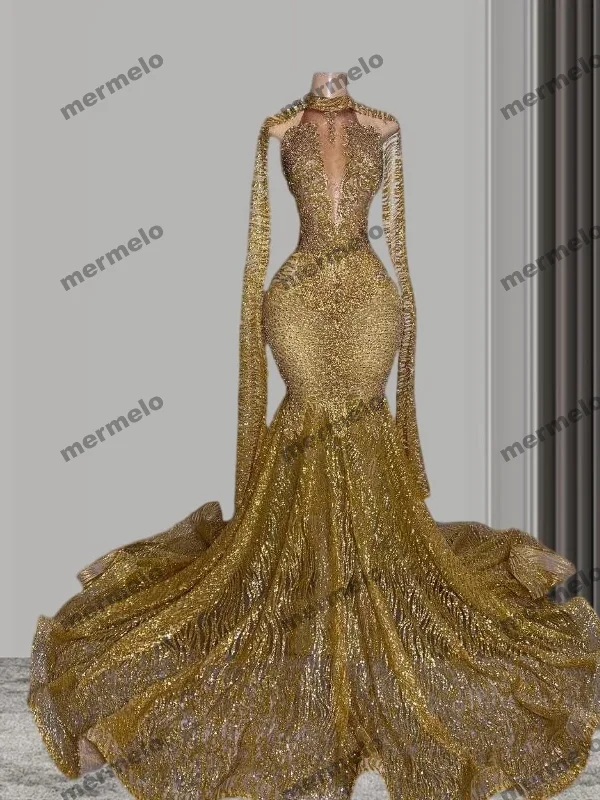 v-neck dressGold Mermaid Prom Awards Show Dress with Cape Cloak Crystal Beaded Sequins Glitter Mesh Red Carpet Gown For Women