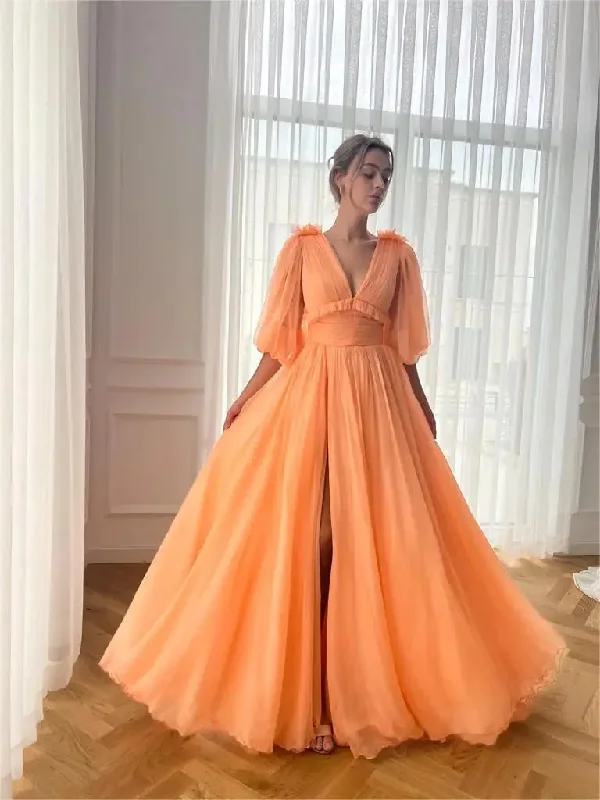 Discount Deals elegant evening dressWomen's V Neck Puffy Sleeve Prom Dresses Open Back Long Chiffon High Slit Formal Party Gown with Pockets