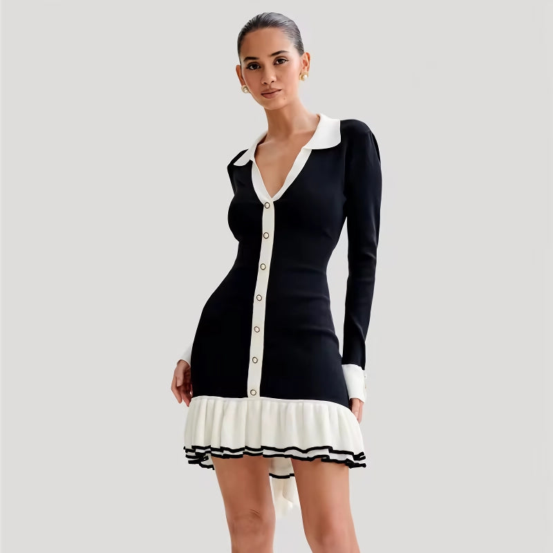 wool dressElegant Long Sleeve Ruffled Knit Mini Dress