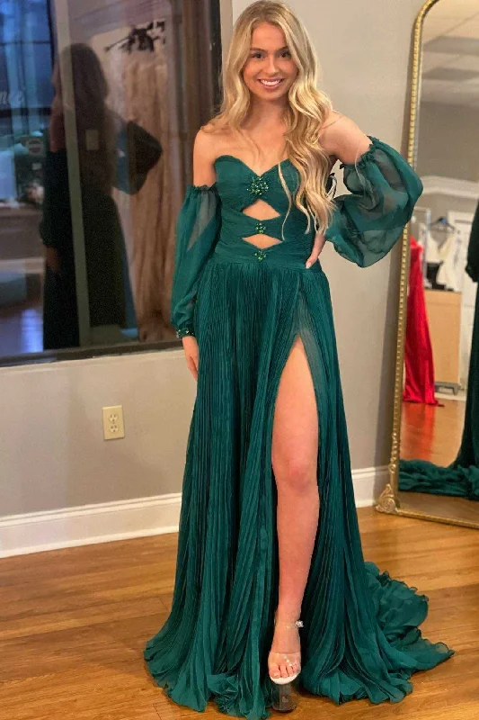 trendy mini dressHunter Green Rhinestones Strapless A-Line Prom Dress with Sleeves