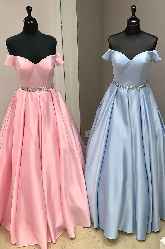 Final Sale casual dressElegant Off the Shoulder Satin Beaded Long Prom Dress