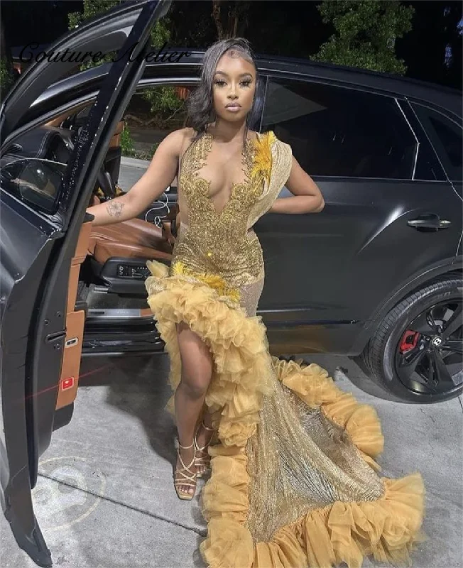 Stock Clearance trendy mini dressGold Feathers Shinny Ruched Silt Rhinestone Prom Dresses 2024 For Black Girls Mermaid Birthday Party Dress Homecoming Gown robe Stock Clearance trendy mini dressGold Feathers Shinny Ruched Silt Rhinestone Prom Dresses 2024 For Black Girls Mermaid Birthday Party Dress Homecoming Gown robe