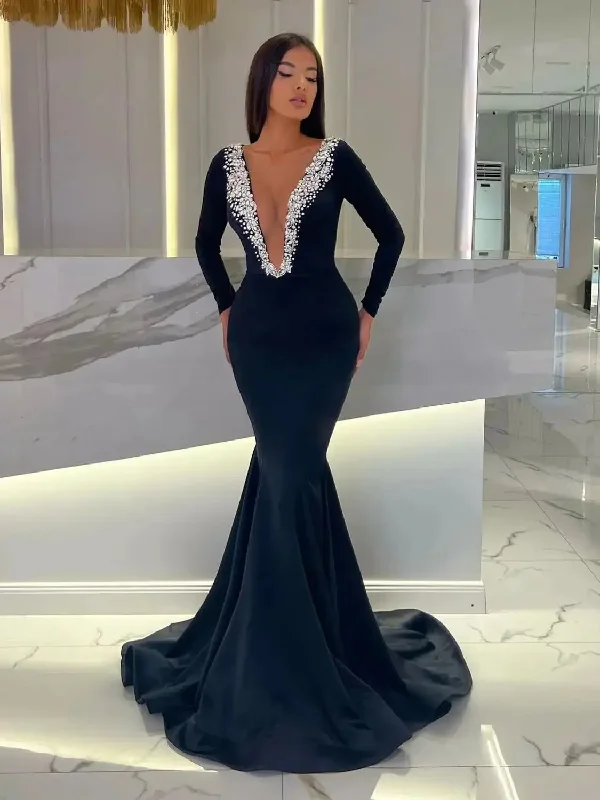 Deal Mania minimalistic dressElegant Black Mermaid Prom Dresses Long Sleeves Sheer Neck Beaded Women Formal Occasion Dress Stretch Satin Vestidos de fiesta Deal Mania minimalistic dressElegant Black Mermaid Prom Dresses Long Sleeves Sheer Neck Beaded Women Formal Occasion Dress Stretch Satin Vestidos de fiesta